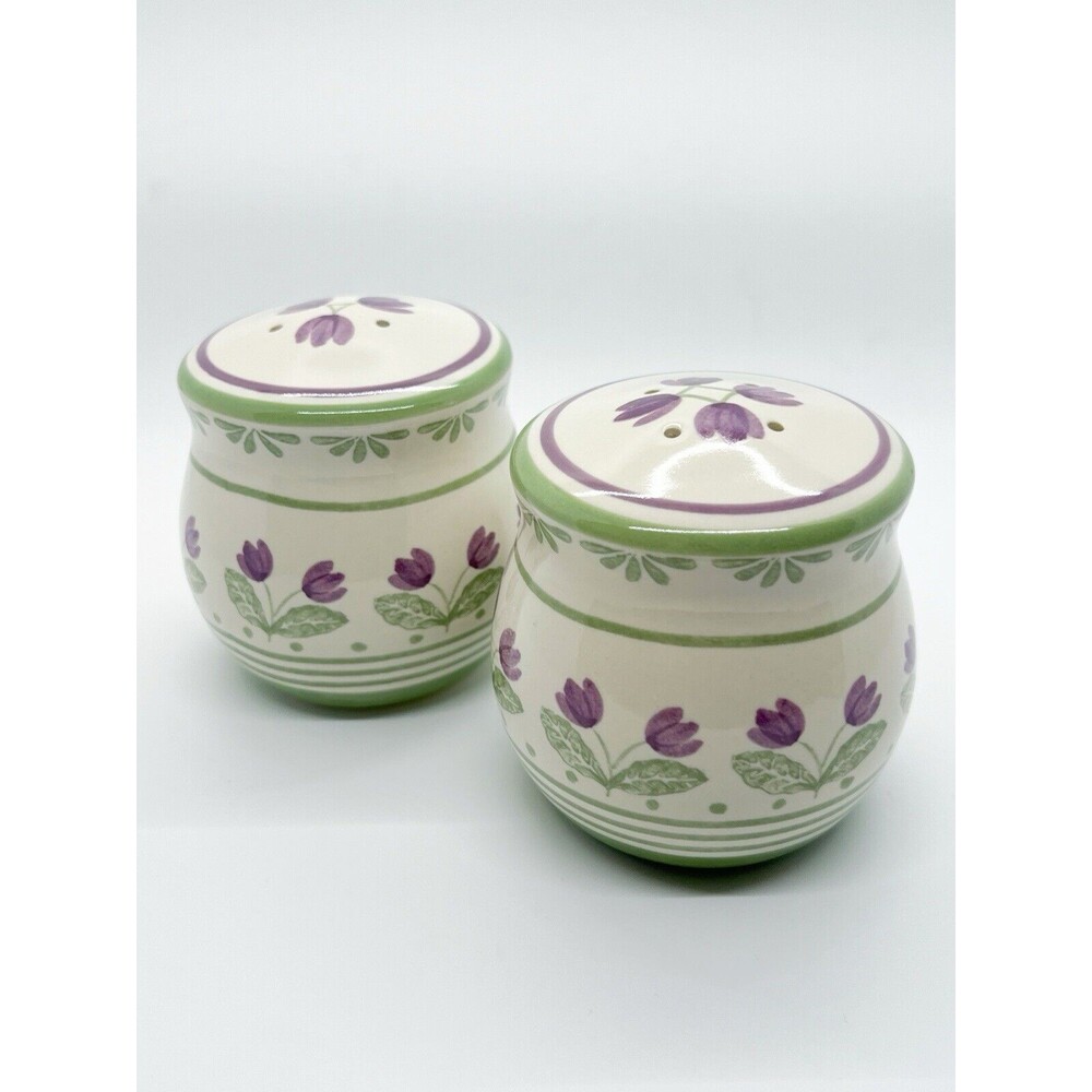 Pfaltzgraff Circle of Kindness Salt & Pepper Shakers Purple Flowers Discontinued